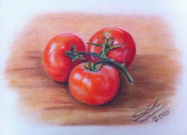 Pastel sketch of three tomatoes by Soraya Gwynne-Evans